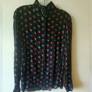 Breckenridge Size 10 Rosebud Print on Black Rayon Long Sleeve Blouse